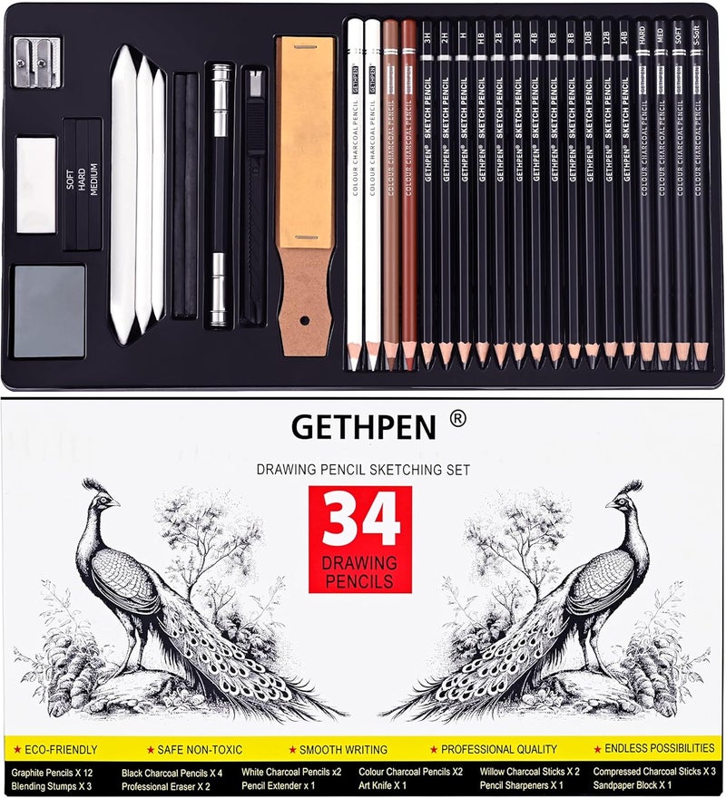 GETHPEN Sketch Pencils for Drawing,34 Pcs,Graphite Pencil (14B-4H), Charcoal Pencil,With Graphite Sticks, Erasers and Sharpener, Art Pencils for Sketching,Artist Set for Beginners and Professionals - Image 1